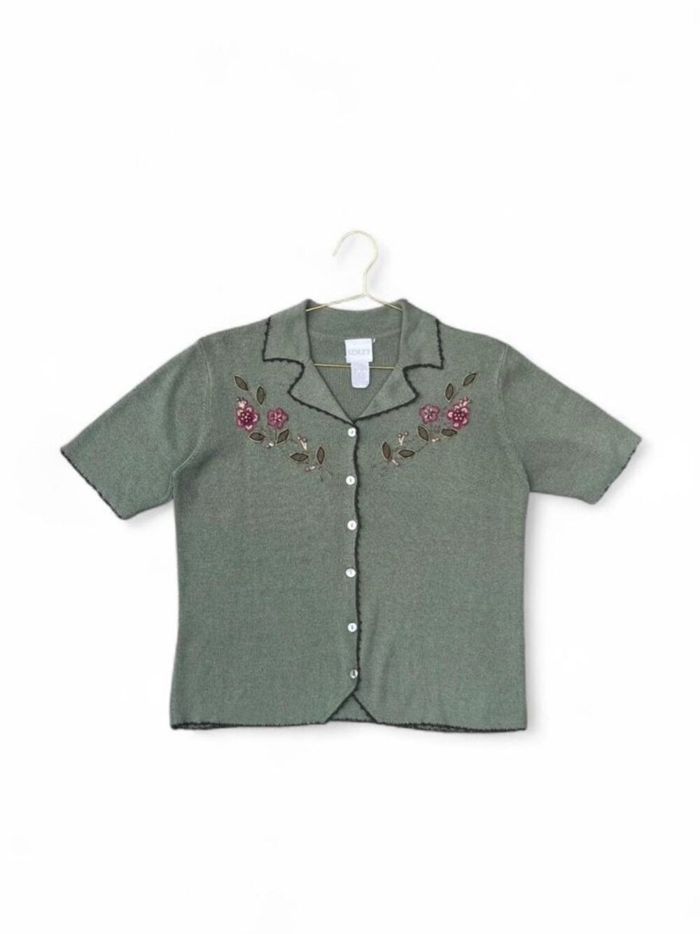 Vintage Koret Sage Green Floral Beaded Knit Cardigan Top M